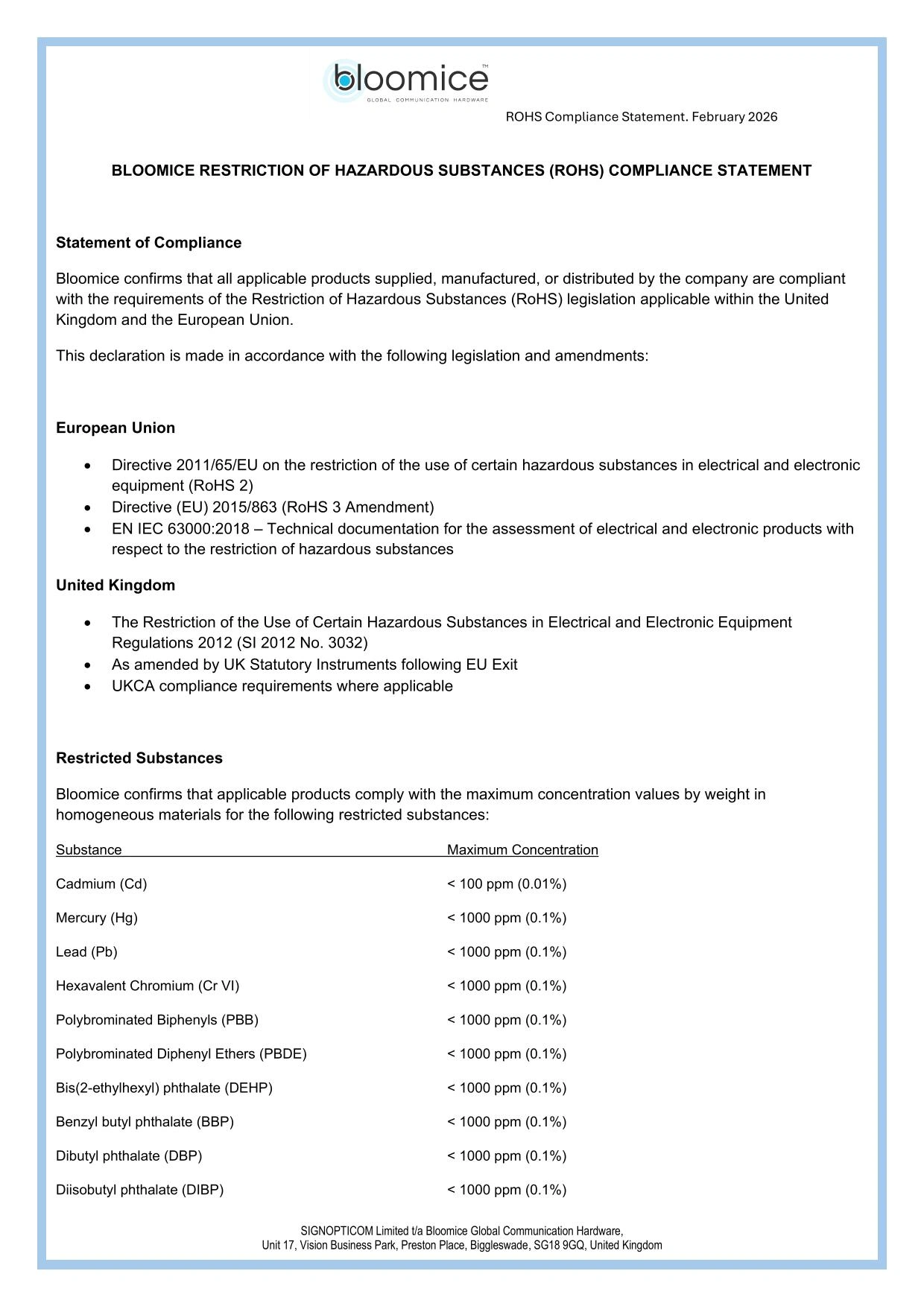  RoHS Compliance Statement